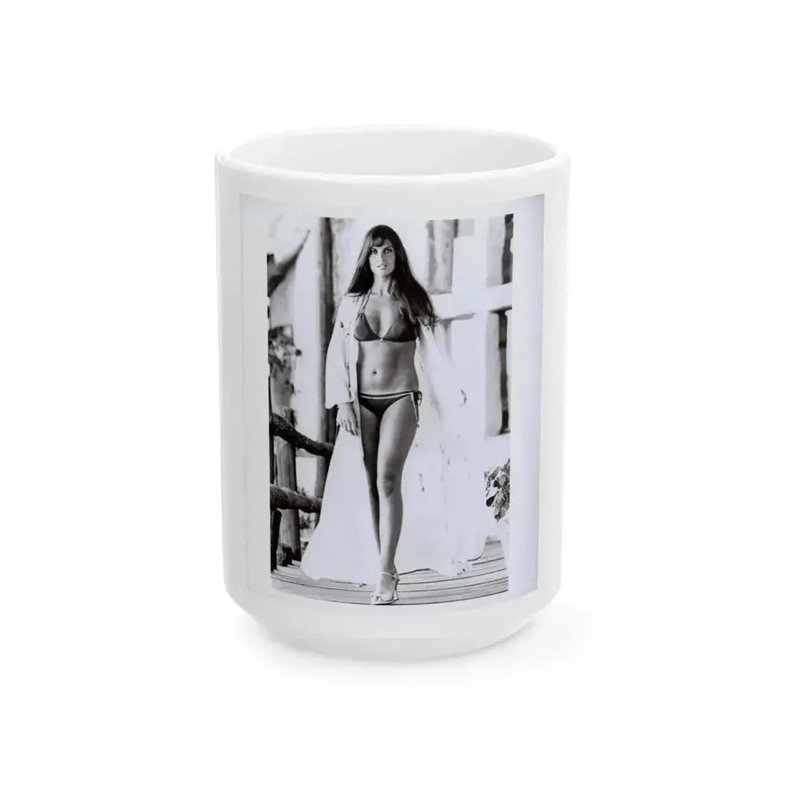 Caroline Munro #409 - 8x10 B&W Full Body in 2-Piece Bikini Photo Original from 1977 (Vintage Female Icon) White Coffee Mug 15oz - Go Mug Yourself