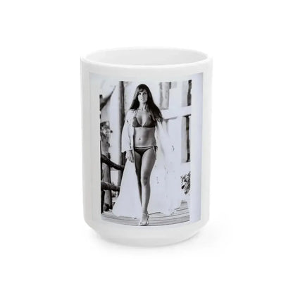 Caroline Munro #409 - 8x10 B&W Full Body in 2-Piece Bikini Photo Original from 1977 (Vintage Female Icon) White Coffee Mug 15oz - Go Mug Yourself