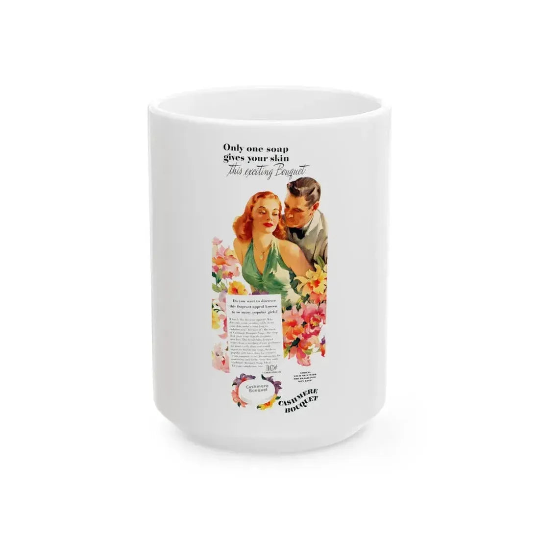 Cashmere Bouquet Soap ad illustration, 1946 - White Coffee Mug 15oz - Go Mug Yourself
