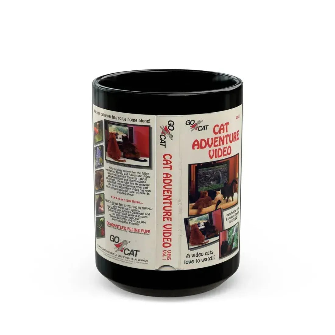 CAT ADVENTURE VIDEO (VHS COVER) - Black Coffee Mug 15oz - Go Mug Yourself