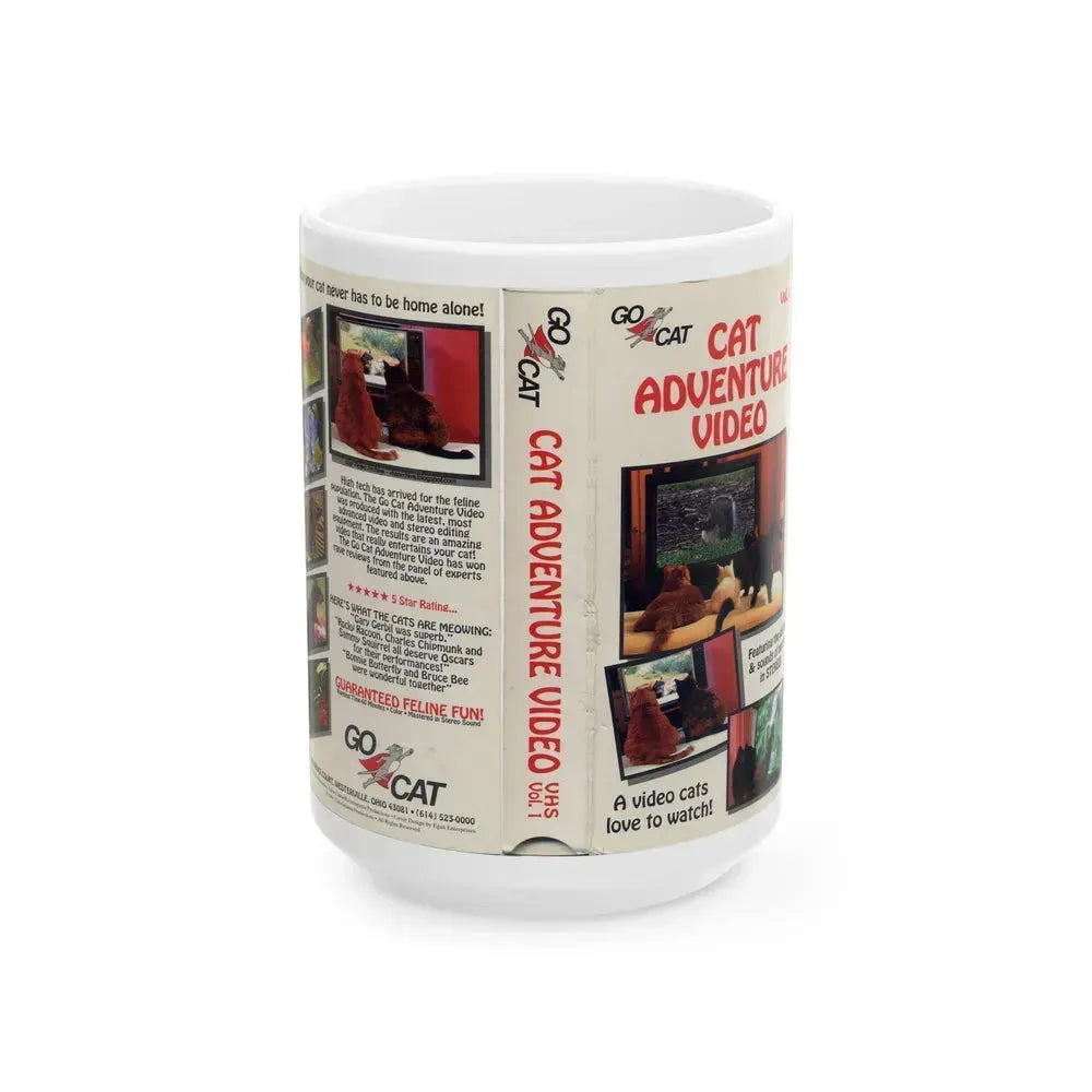 CAT ADVENTURE VIDEO (VHS COVER) - White Coffee Mug 15oz - Go Mug Yourself
