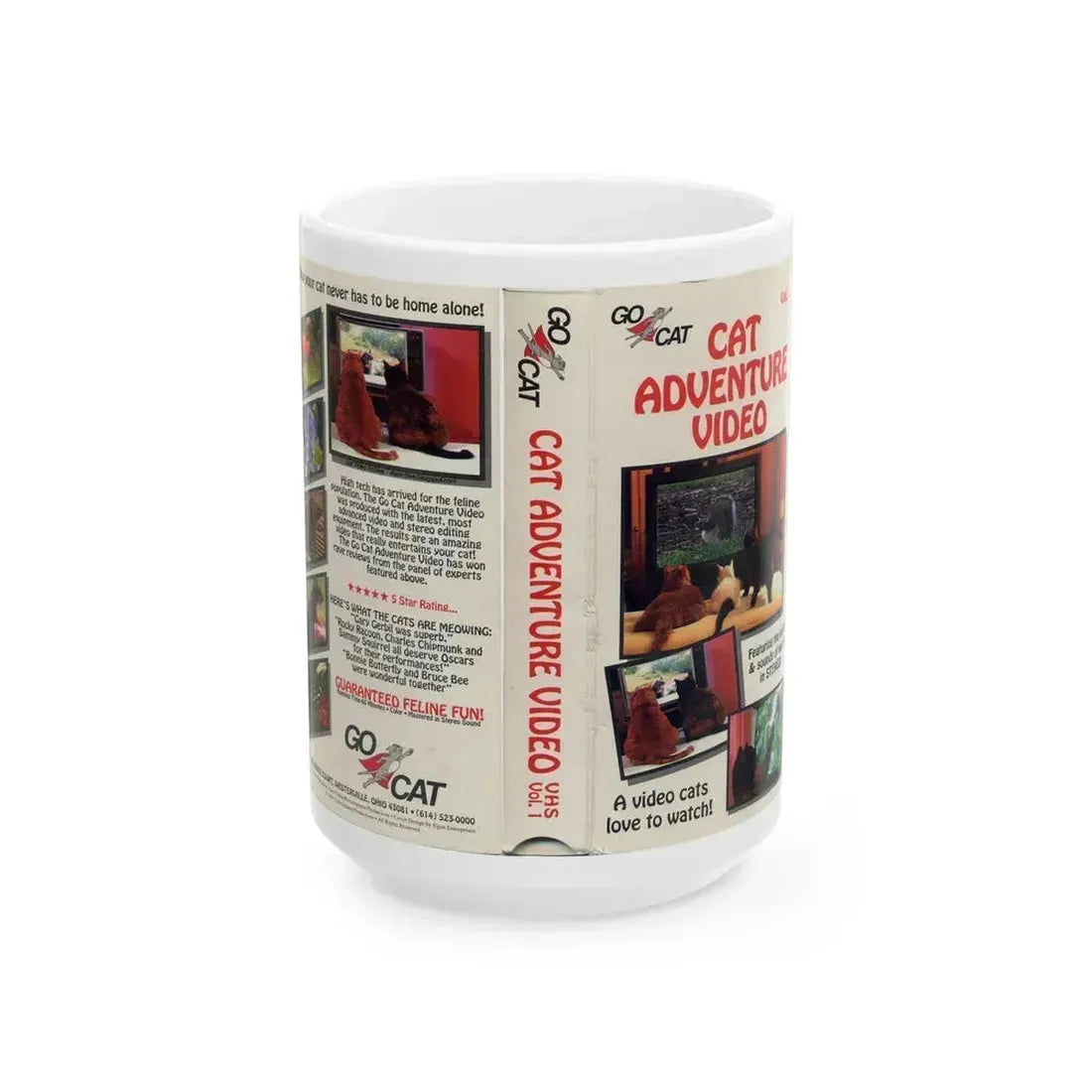 CAT ADVENTURE VIDEO (VHS COVER) - White Coffee Mug 15oz - Go Mug Yourself