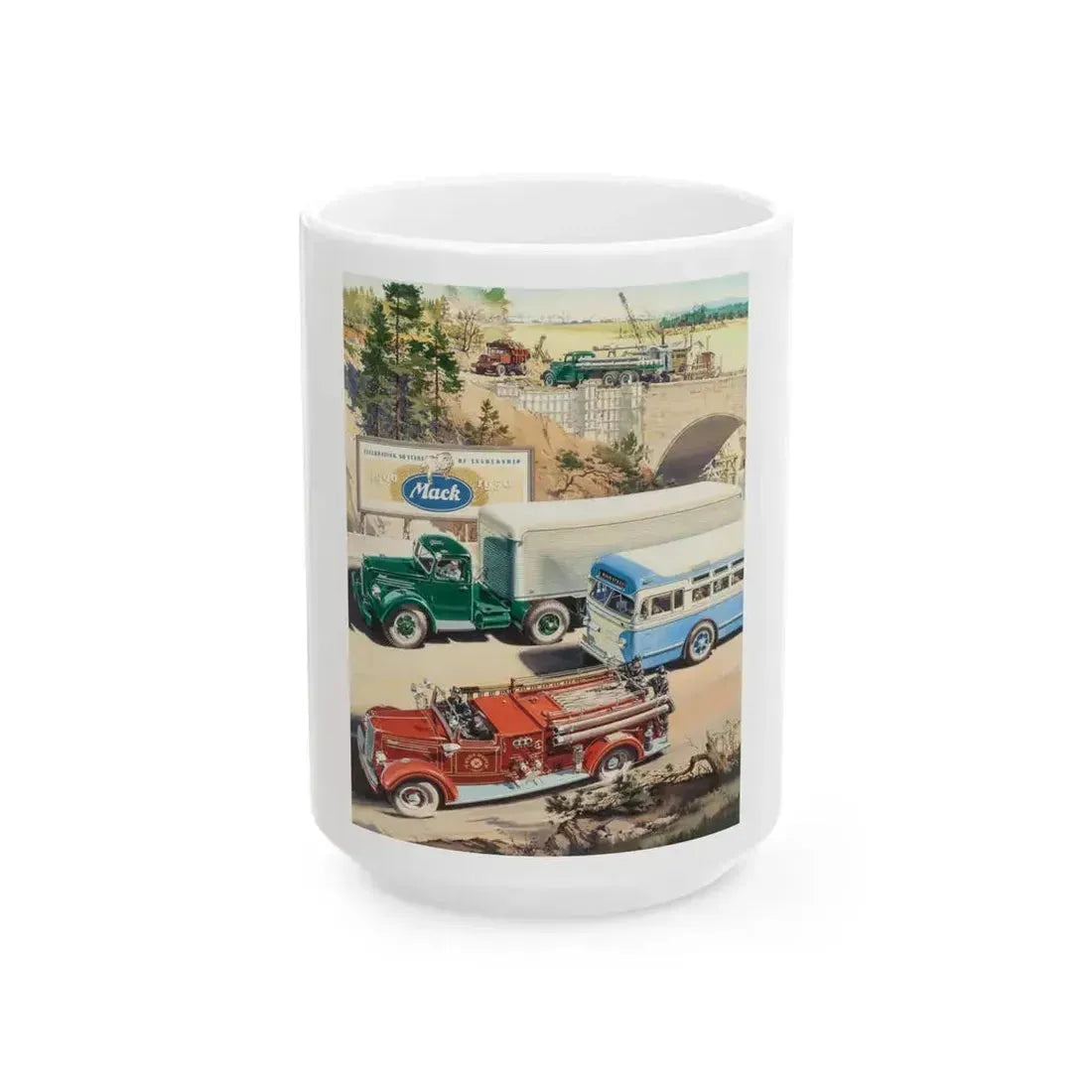 Celebrating 50 Years of Leadership, Mack Trucks advertisement for The Saturday Evening Post - White Coffee Mug 15oz - Go Mug Yourself
