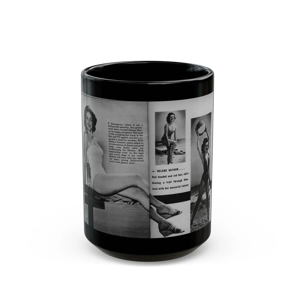 Helene Hayden #06 - 2 Pages, 3 B&W Photos, Short Article & Caption from EYE Digest Mag. Nov. '53 (Vintage Female Icon) Black Coffee Mug-15oz-Go Mug Yourself