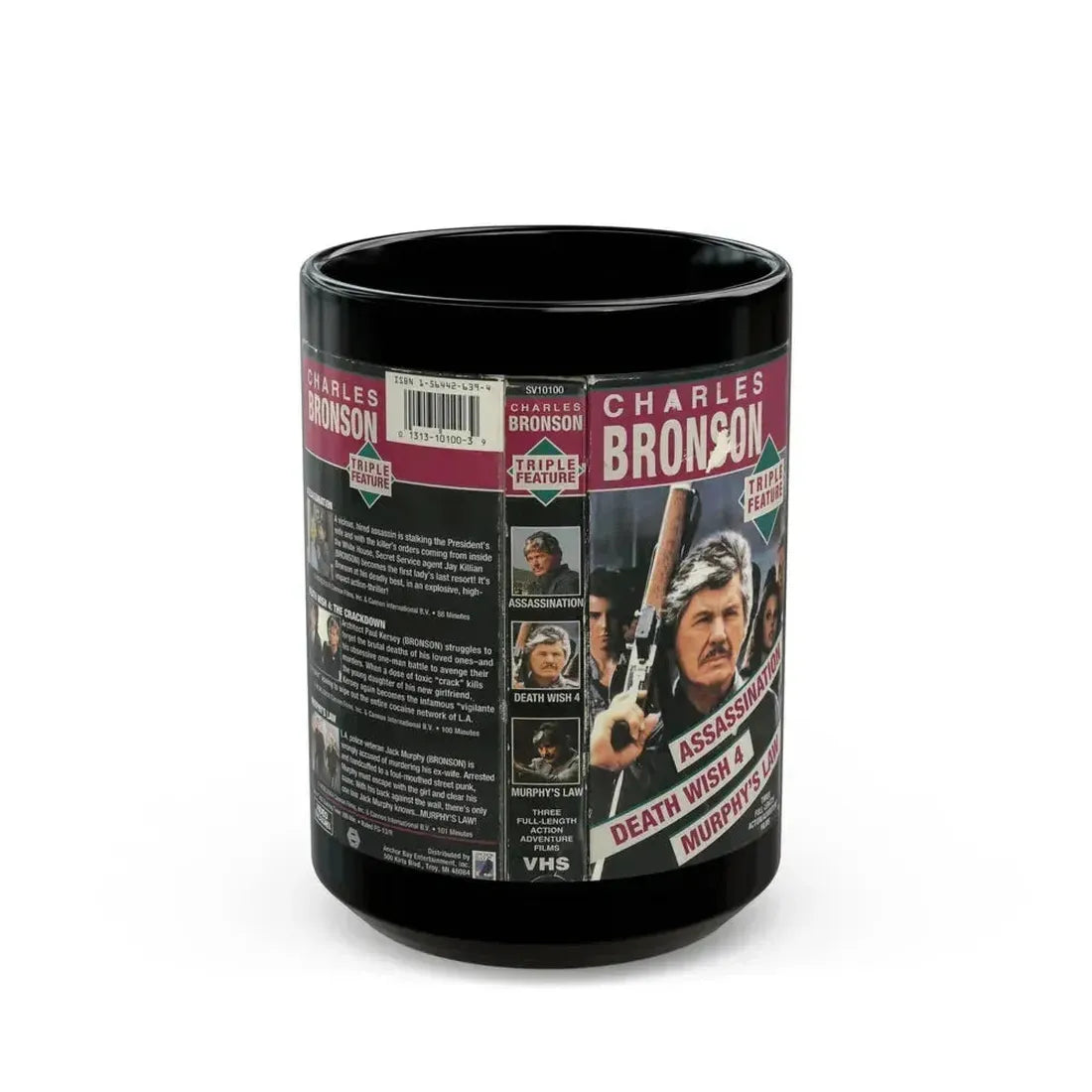 CHARLES BRONSON TRIPLE FEATURE (VHS COVER) - Black Coffee Mug 15oz - Go Mug Yourself