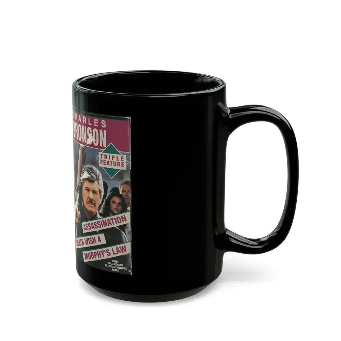 CHARLES BRONSON TRIPLE FEATURE (VHS COVER) - Black Coffee Mug - Go Mug Yourself