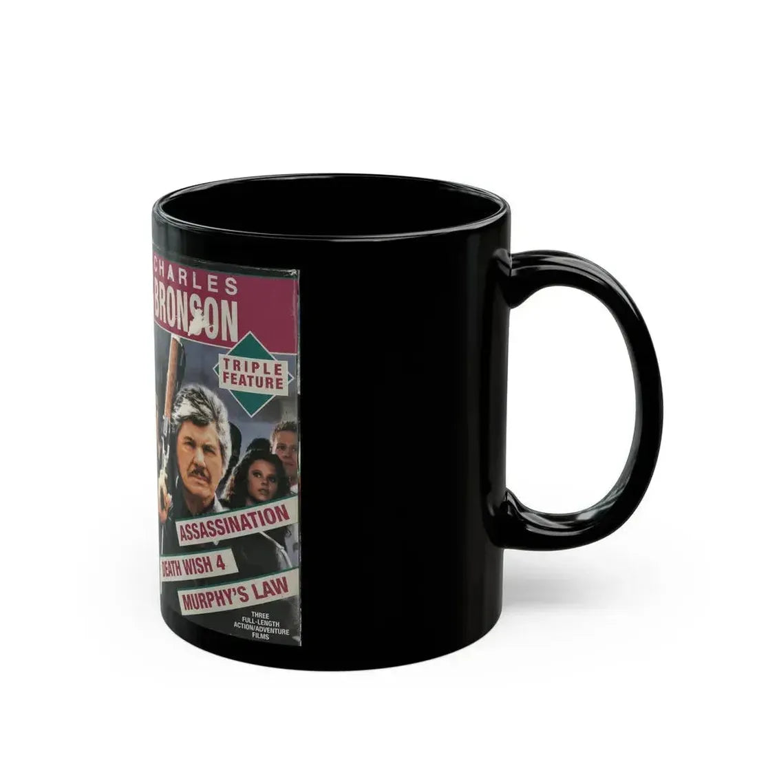 CHARLES BRONSON TRIPLE FEATURE (VHS COVER) - Black Coffee Mug - Go Mug Yourself