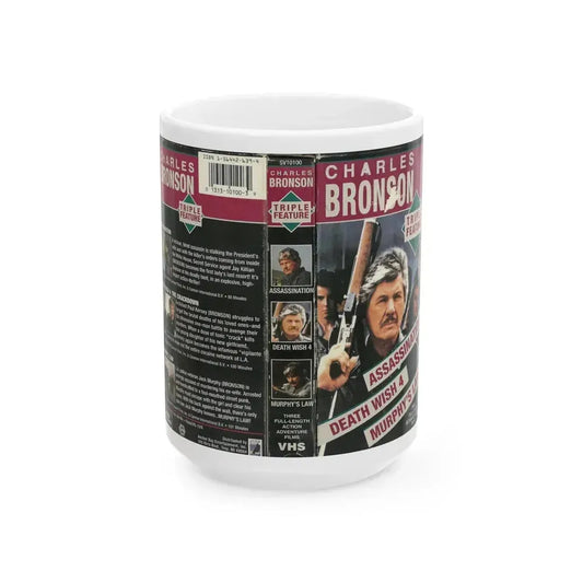 CHARLES BRONSON TRIPLE FEATURE (VHS COVER) - White Coffee Mug 15oz - Go Mug Yourself