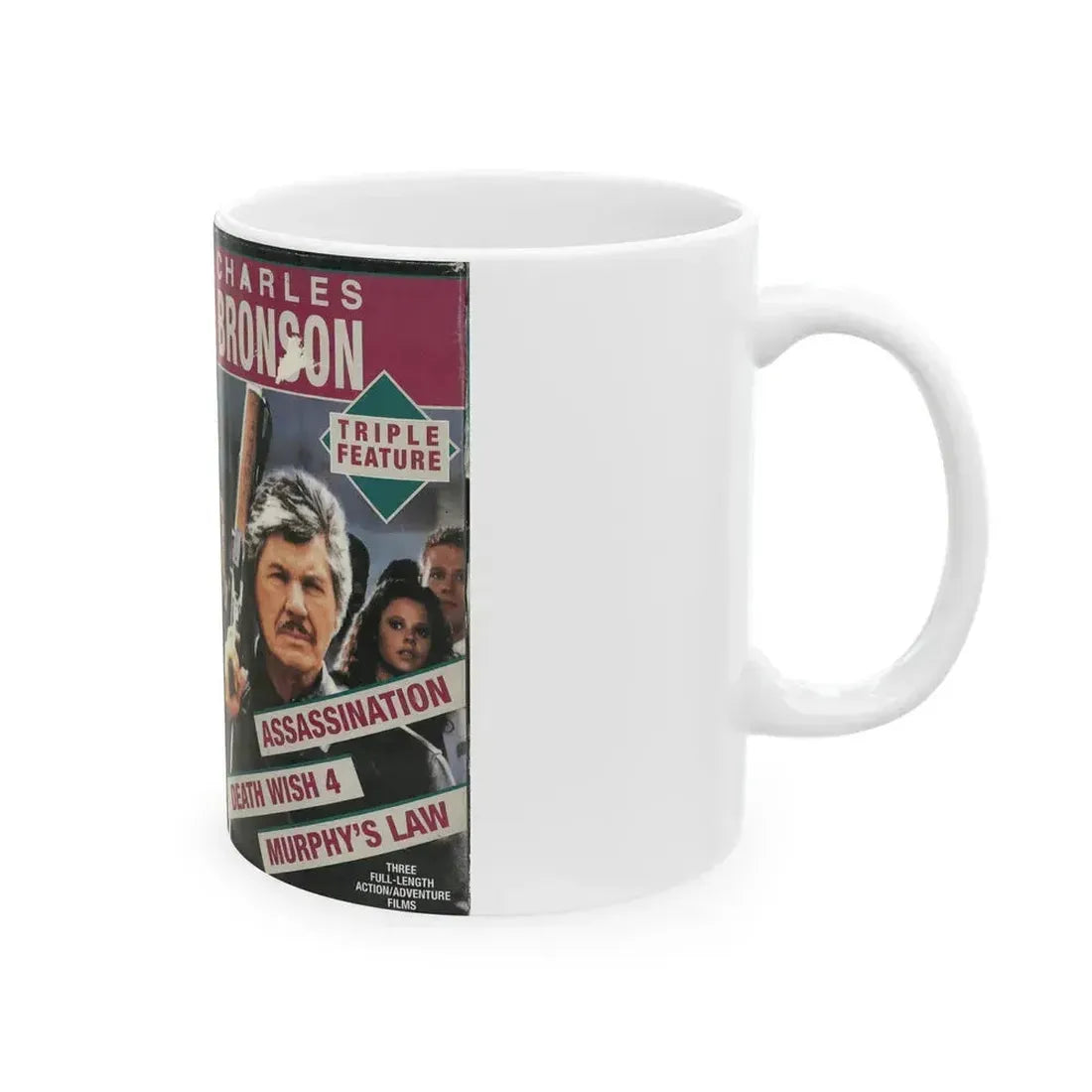 CHARLES BRONSON TRIPLE FEATURE (VHS COVER) - White Coffee Mug - Go Mug Yourself