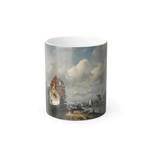 Charles Henri Joseph Leickert (1816-1907) Figures strolling by a Dutch canal - Oil on Canvas 1859 - Color Changing Mug 11oz 11oz - Go Mug Yourself