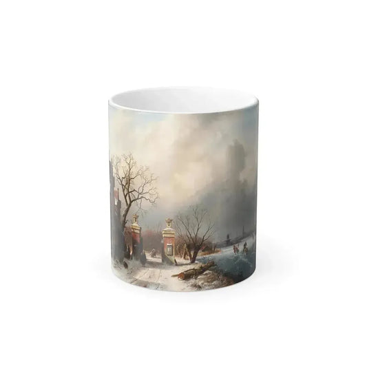 Charles Henri Joseph Leickert (1816-1907) Skaters by a Dutch hamlet - Oil on Canvas - Color Changing Mug 11oz 11oz - Go Mug Yourself