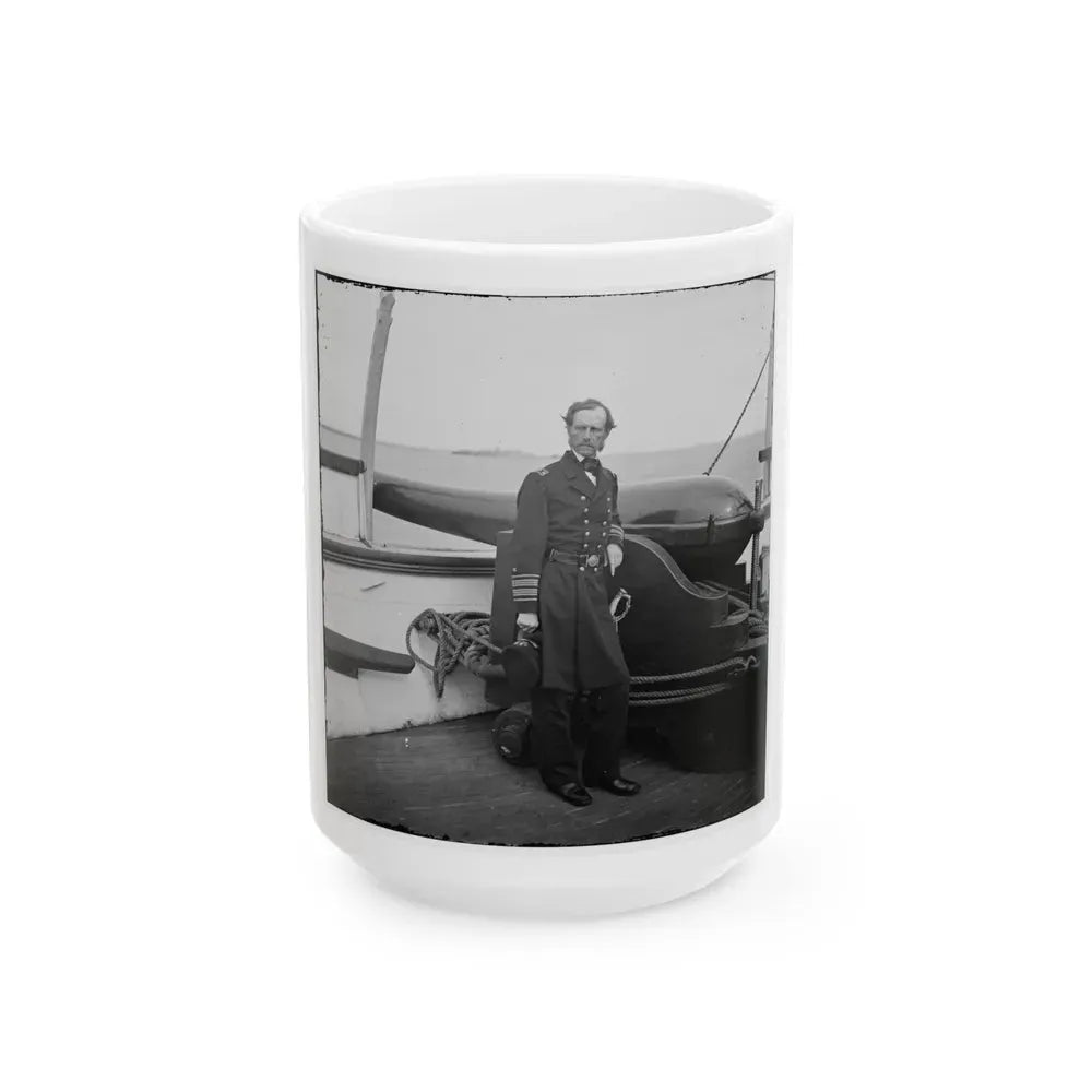 Charleston Harbor, S.C. Rear Admiral John A. Dahlgren Standing By A Dahlgren Gun On Deck Of U.S.S. Pawnee (U.S. Civil War) White Coffee Mug 15oz - Go Mug Yourself