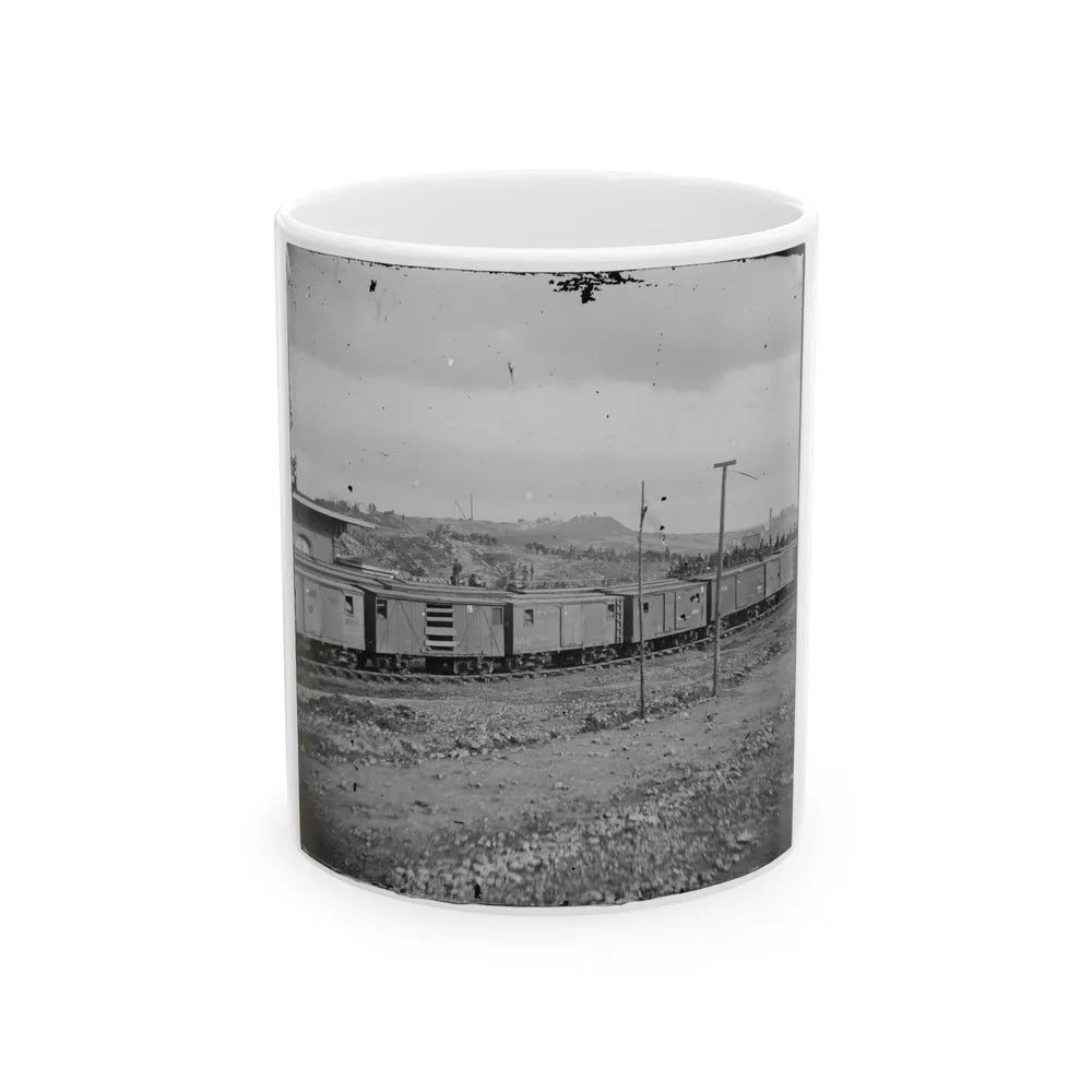 Chattanooga, Tenn. Boxcars And Depot With Federal Cavalry Guard Beyond (U.S. Civil War) White Coffee Mug-11oz-Go Mug Yourself