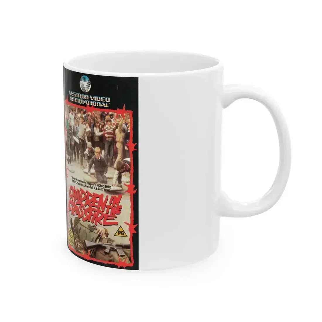 CHILDREN IN THE CROSSFIRE (VHS COVER) - White Coffee Mug - Go Mug Yourself