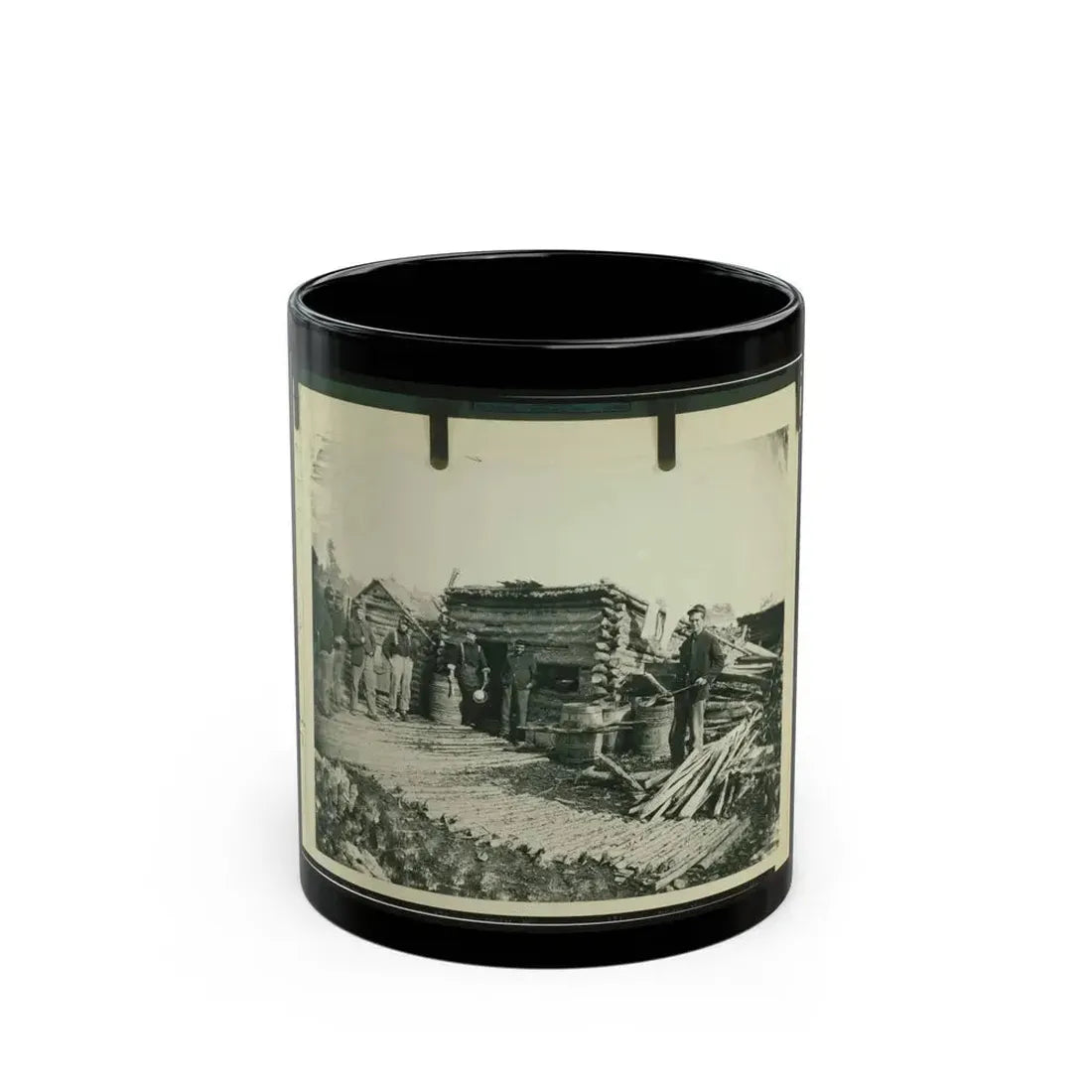 Civil War Camp Of The 6th N.Y. Artillery At Brandy Station, Virginia, Showing Union Soldiers In Front Of Log Company Kitchen (U.S. Civil War) Black Coffee Mug 11oz - Go Mug Yourself