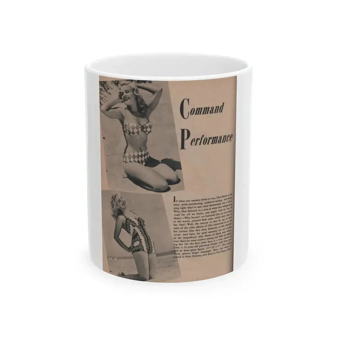 Cleo Moore #130 - Glamorous Models Mag. '51 - 2 B&W Photos & Article (Vintage Female Icon) White Coffee Mug 11oz - Go Mug Yourself