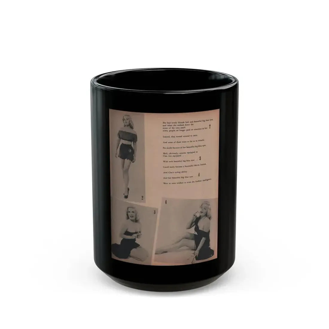 Cleo Moore #135 - Glamorous Models Mag. '50 - 3 B&W Photos (Vintage Female Icon) Black Coffee Mug 15oz - Go Mug Yourself