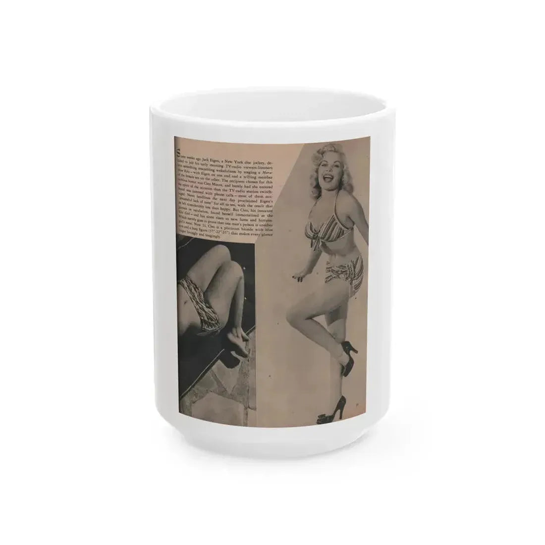 Cleo Moore #164 - Cover Girls Models Mag. '54 - 1 Page 1 B&W Photo & Paragraph (Vintage Female Icon) White Coffee Mug 15oz - Go Mug Yourself
