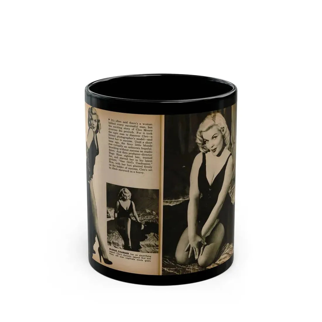 Cleo Moore #180 - 3 B&W Photos from PHOTO Digest Mag. Oct. '53 (Vintage Female Icon) Black Coffee Mug 11oz - Go Mug Yourself
