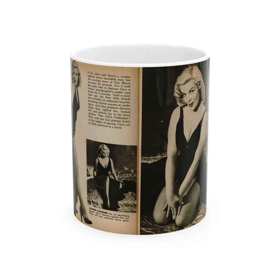 Cleo Moore #180 - 3 B&W Photos from PHOTO Digest Mag. Oct. '53 (Vintage Female Icon) White Coffee Mug 11oz - Go Mug Yourself