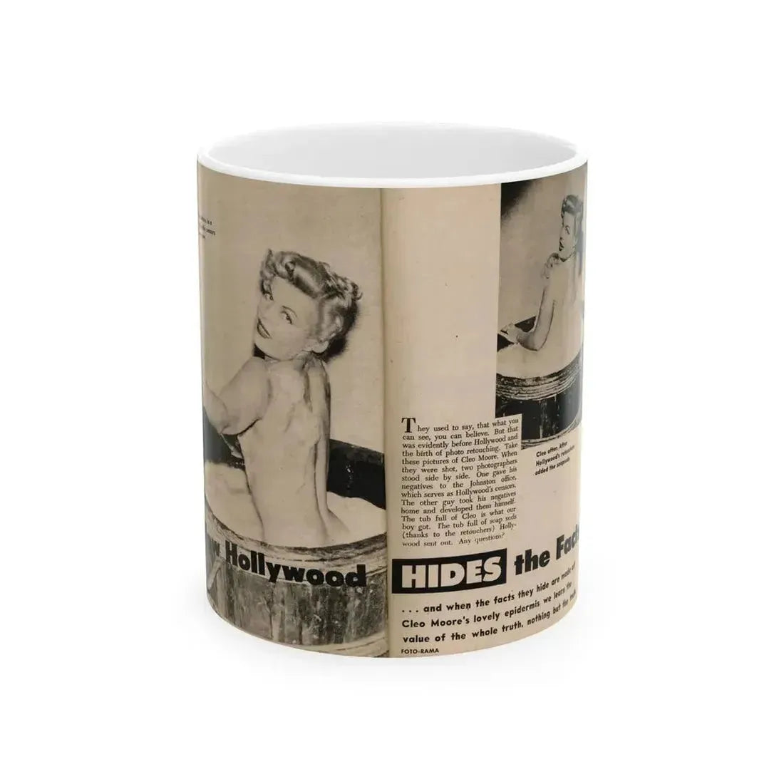 Cleo Moore #182 - 2 B&W Photos, Captions & Short Article from Foto-rama Digest Mag. February '56 (Vintage Female Icon) White Coffee Mug 11oz - Go Mug Yourself