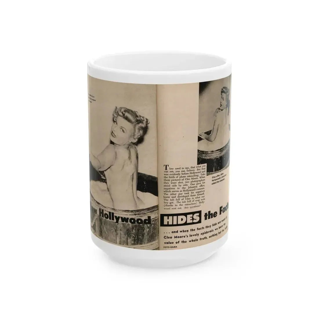 Cleo Moore #182 - 2 B&W Photos, Captions & Short Article from Foto-rama Digest Mag. February '56 (Vintage Female Icon) White Coffee Mug 15oz - Go Mug Yourself