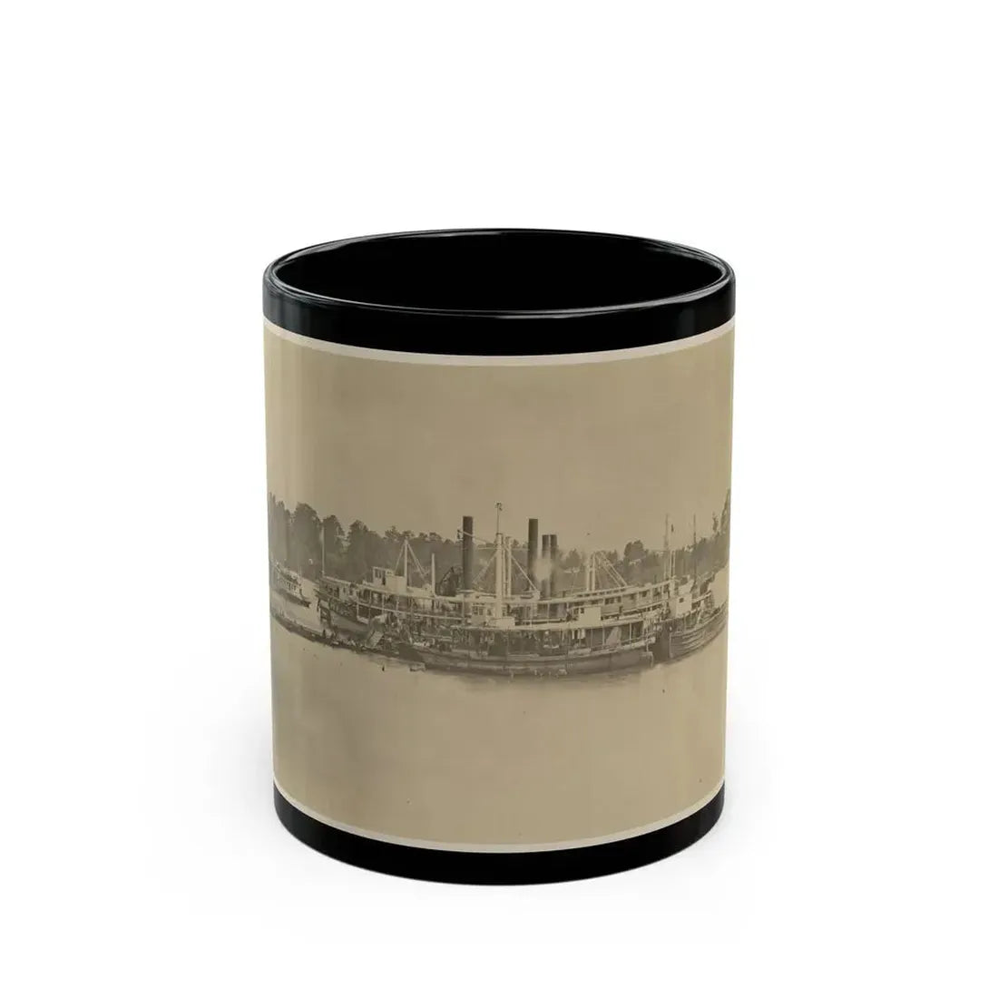 Cluster Of Supply Boats At A Pontoon Bridge (U.S. Civil War) Black Coffee Mug 11oz - Go Mug Yourself