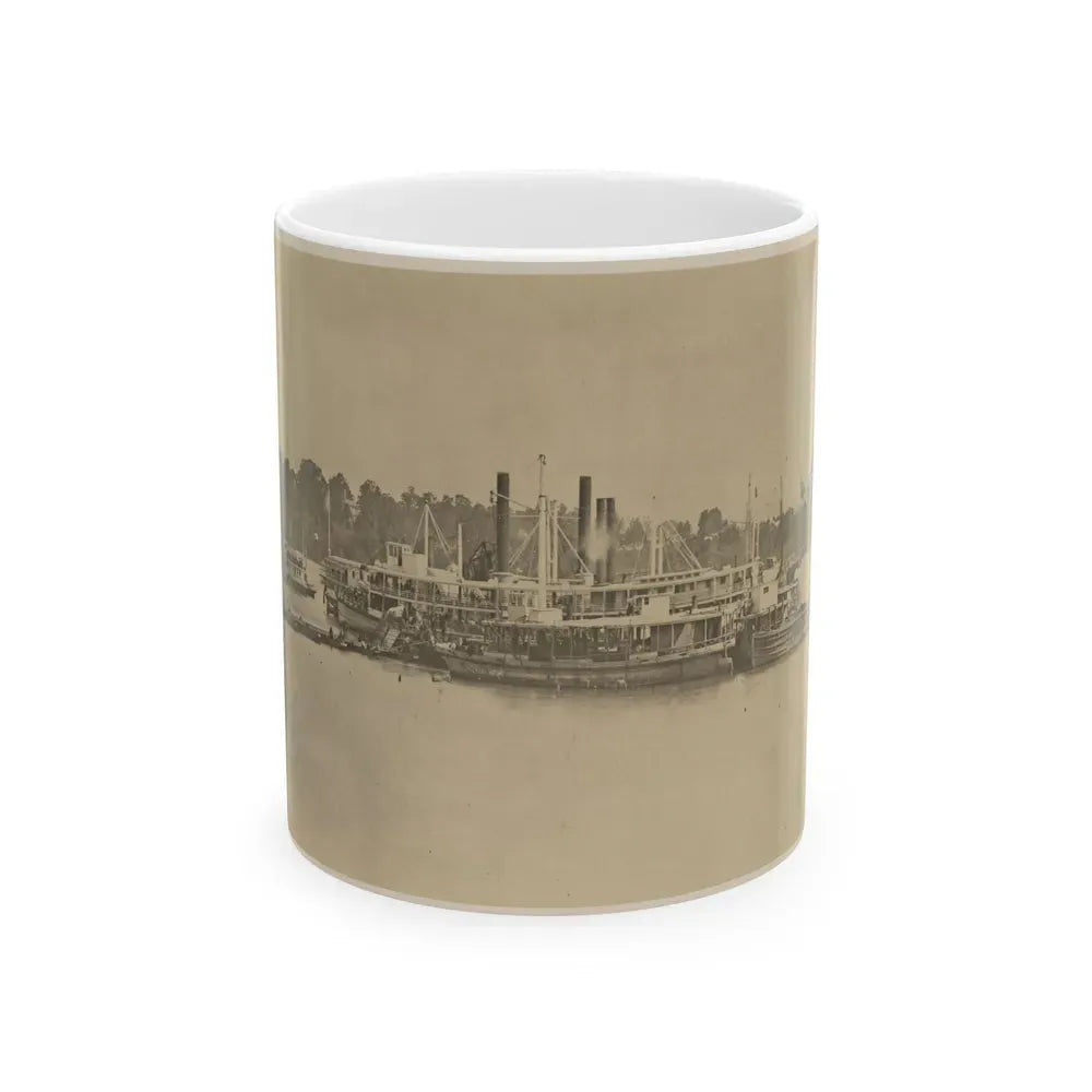Cluster Of Supply Boats At A Pontoon Bridge (U.S. Civil War) White Coffee Mug 11oz - Go Mug Yourself