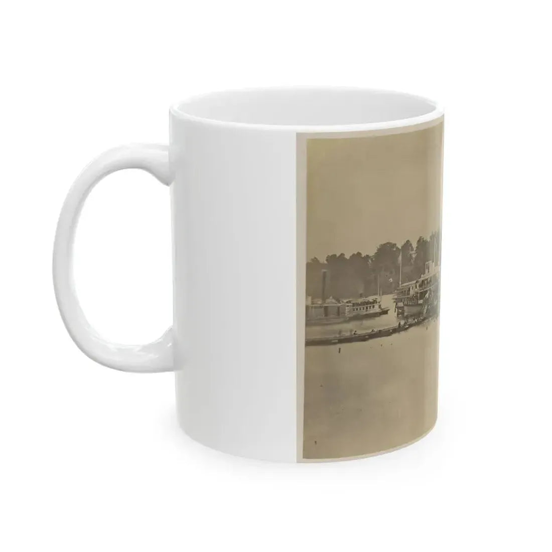 Cluster Of Supply Boats At A Pontoon Bridge (U.S. Civil War) White Coffee Mug - Go Mug Yourself