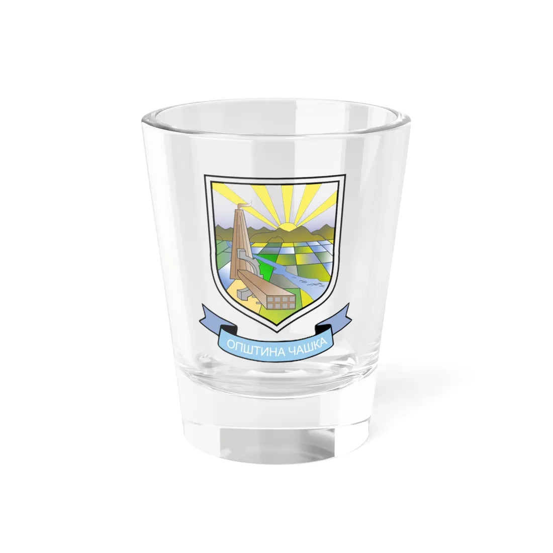 Coat of arms of Čaška Municipality (North Macedonia) (Coat of Arms) Shot Glass 1.5oz 1.5oz - Go Mug Yourself