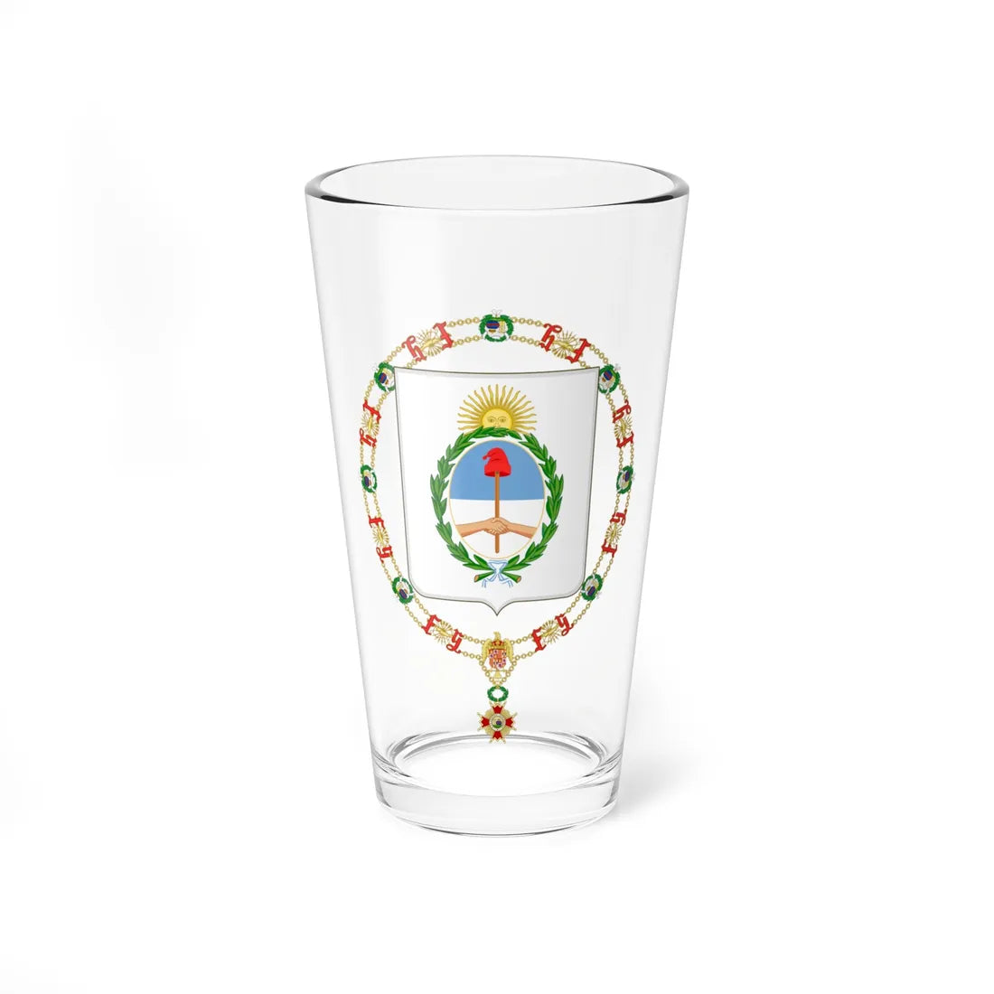Coat of Arms of Arturo Frondizi and Héctor José Cámpora Order of Isabella the Catholic (Argentina) (Coat of Arms) Pint Glass 16oz 16oz - Go Mug Yourself