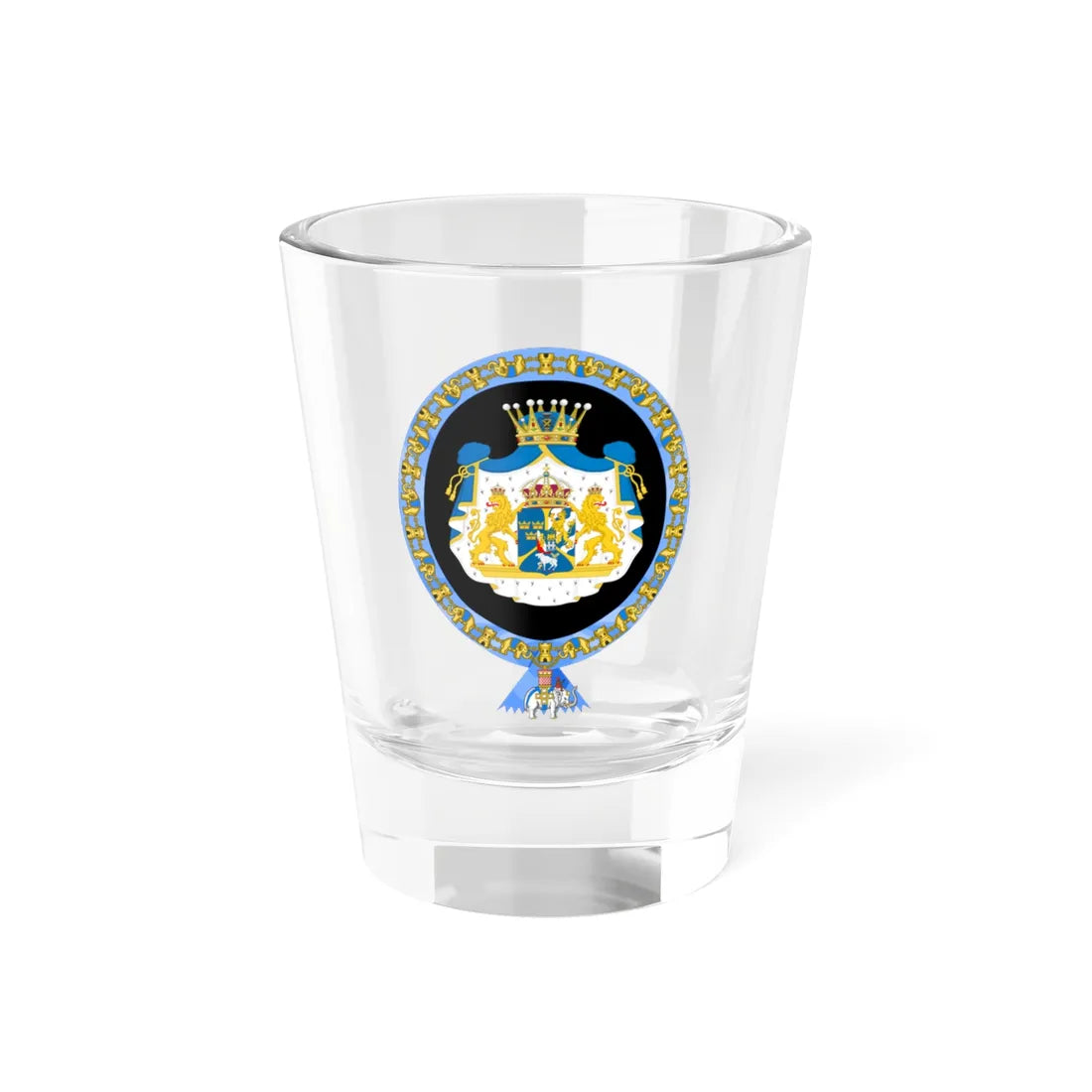 Coat of arms of Carl XVI Gustaf Order of the Elephant Variant (Denmark) (Coat of Arms) Shot Glass 1.5oz 1.5oz - Go Mug Yourself