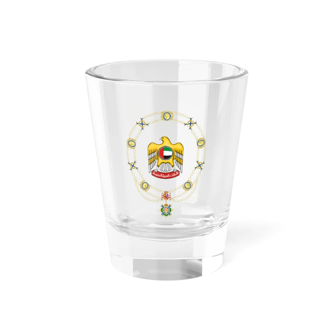 Coat of Arms of Khalifa bin Zayed Al Nahyan Spanish Order of the Civil Merit (United Arab Emirates) (Coat of Arms) Shot Glass 1.5oz 1.5oz - Go Mug Yourself