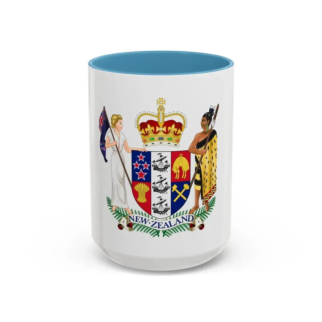 Coat of arms of New Zealand - Accent Coffee Mug 15oz Light Blue - Go Mug Yourself