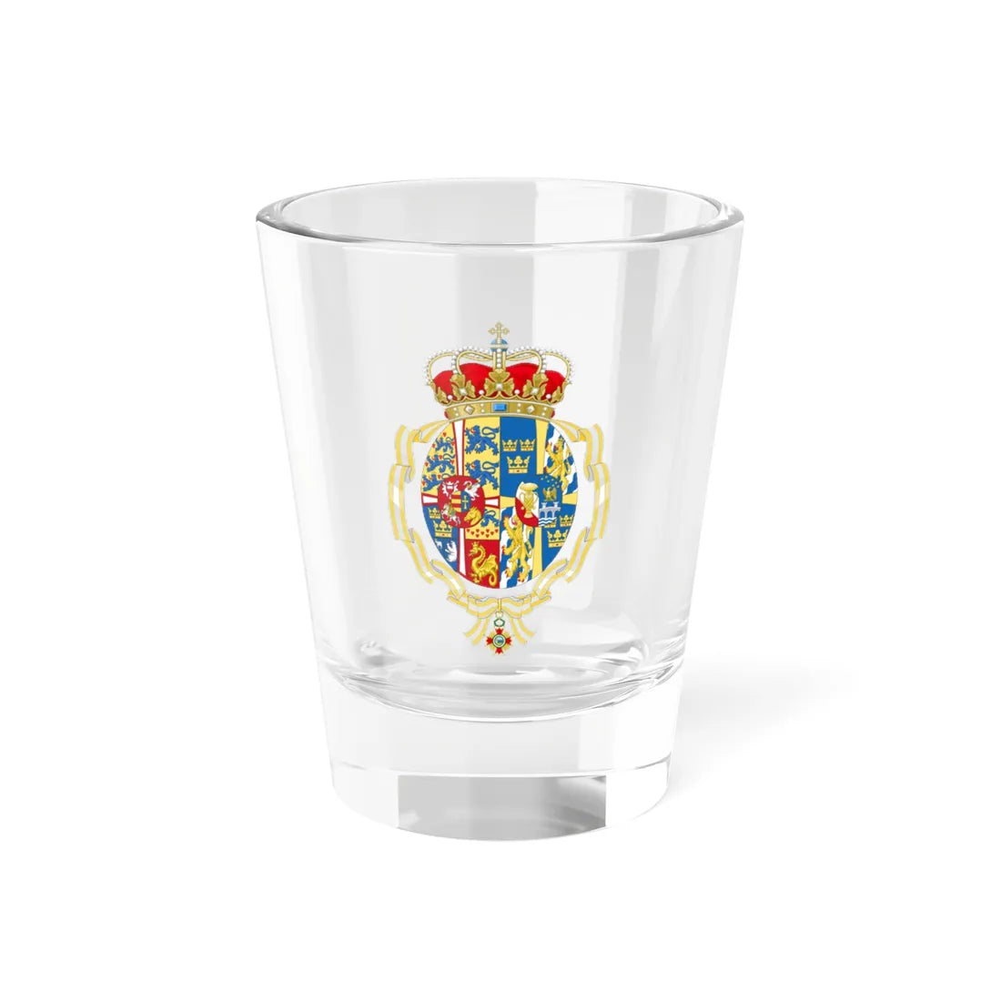 Coat of Arms of Queen Ingrid of Denmark Order of Isabella the Catholic (Denmark) (Coat of Arms) Shot Glass 1.5oz 1.5oz - Go Mug Yourself