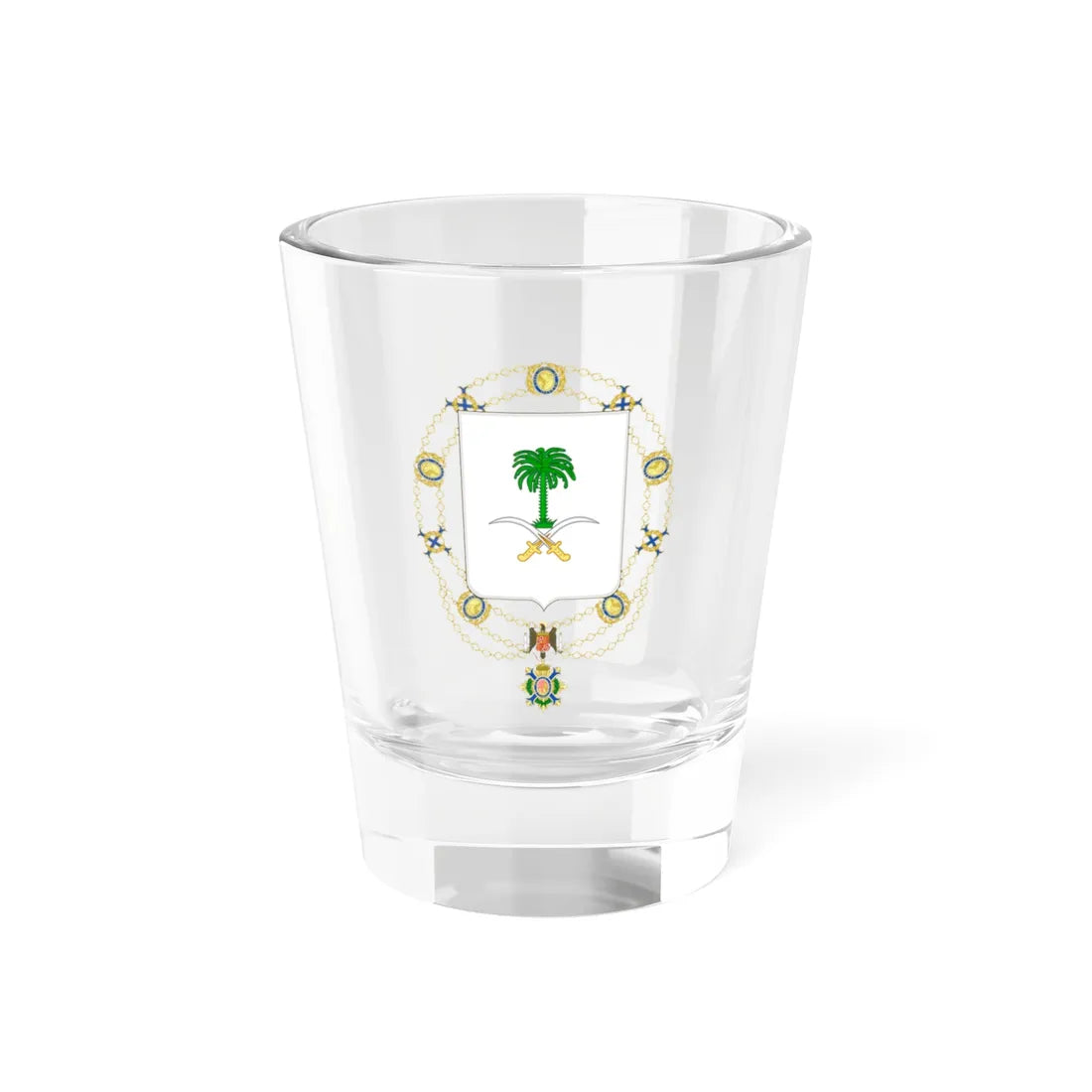 Coat of Arms of Saúd and Fáisal of Saudi Arabia Spanish Order of the Civil Merit (Saudi Arabia) (Coat of Arms) Shot Glass 1.5oz 1.5oz - Go Mug Yourself