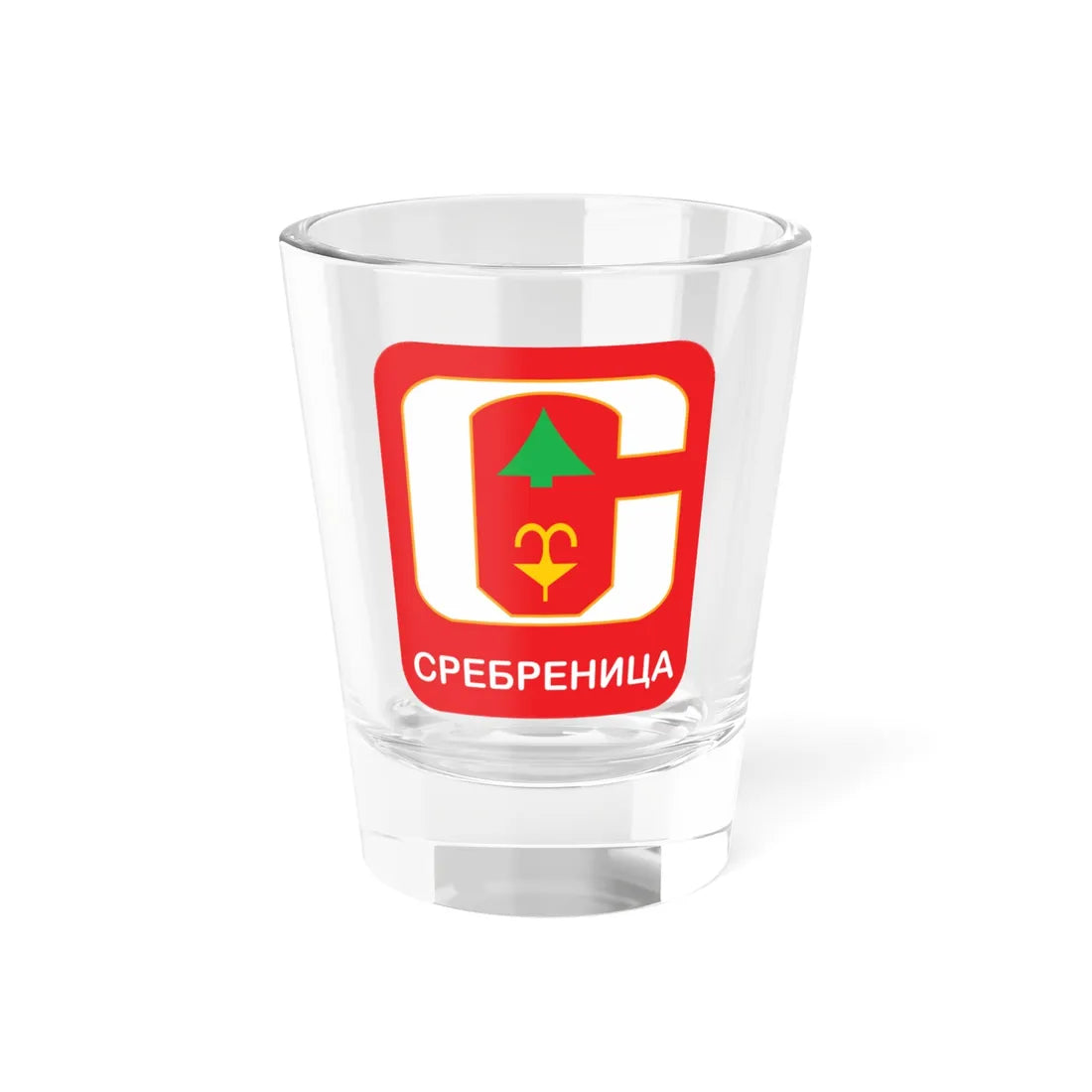 Coat of arms of Srebrenica - cyrillic (Bosnia and Herzegovina) (Coat of Arms) Shot Glass 1.5oz 1.5oz - Go Mug Yourself
