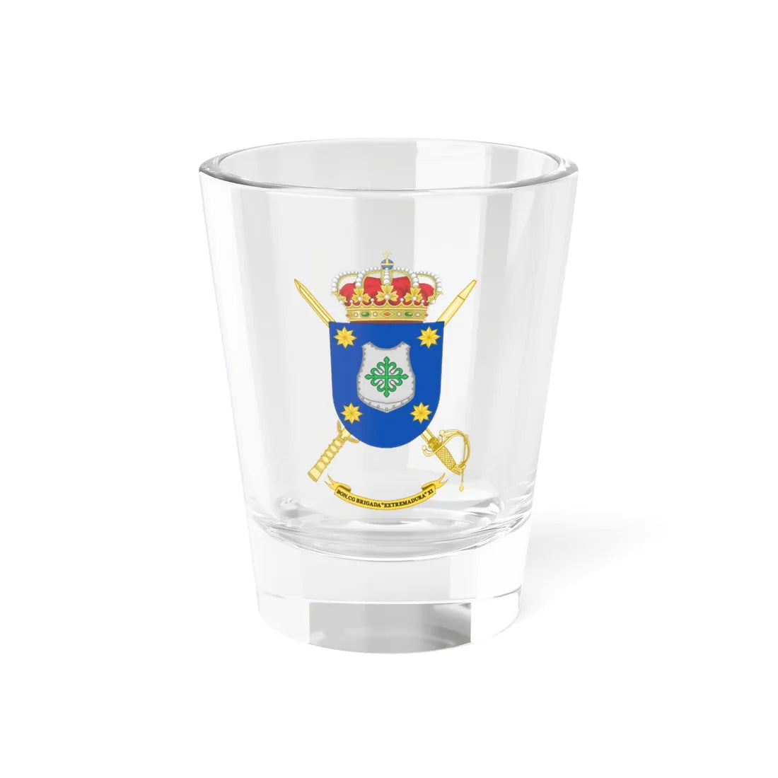 Coat of Arms of the 11th Brigade Extremadura Headquarters Battalion (Spain) (Coat of Arms) Shot Glass 1.5oz 1.5oz - Go Mug Yourself