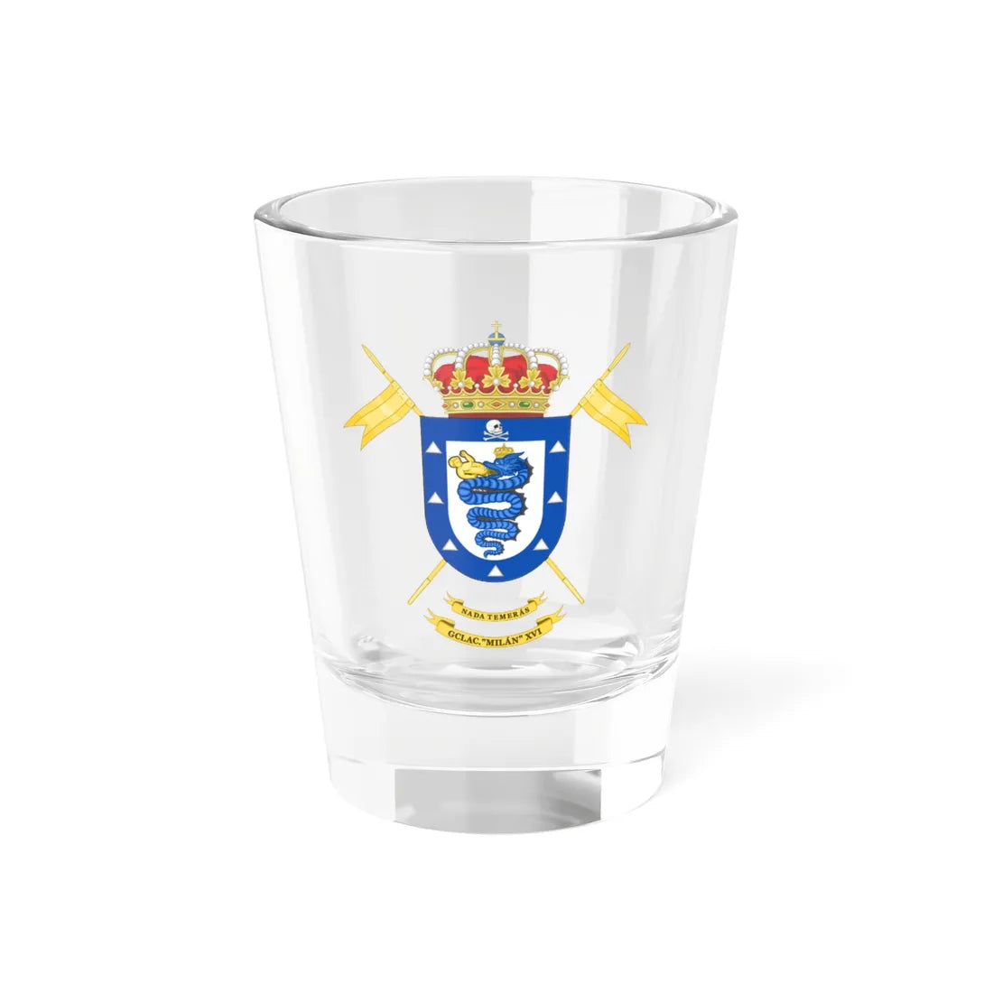 Coat of Arms of the 16th Light Armored Cavalry Group Milán (Spain) (Coat of Arms) Shot Glass 1.5oz 1.5oz - Go Mug Yourself