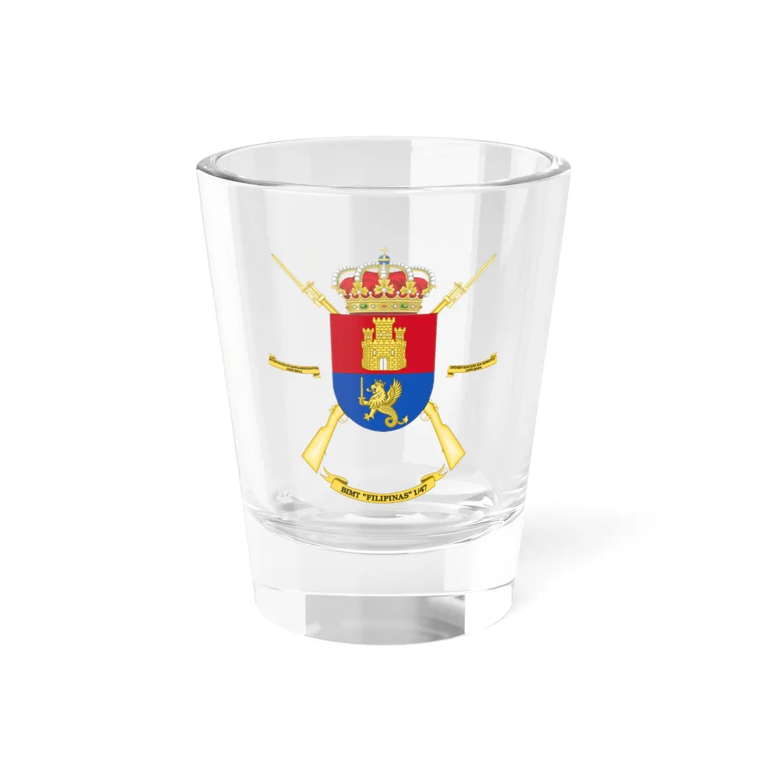 Coat of Arms of the 1st-47 Motorized Infantry Battalion Filipinas (Spain) (Coat of Arms) Shot Glass 1.5oz 1.5oz - Go Mug Yourself