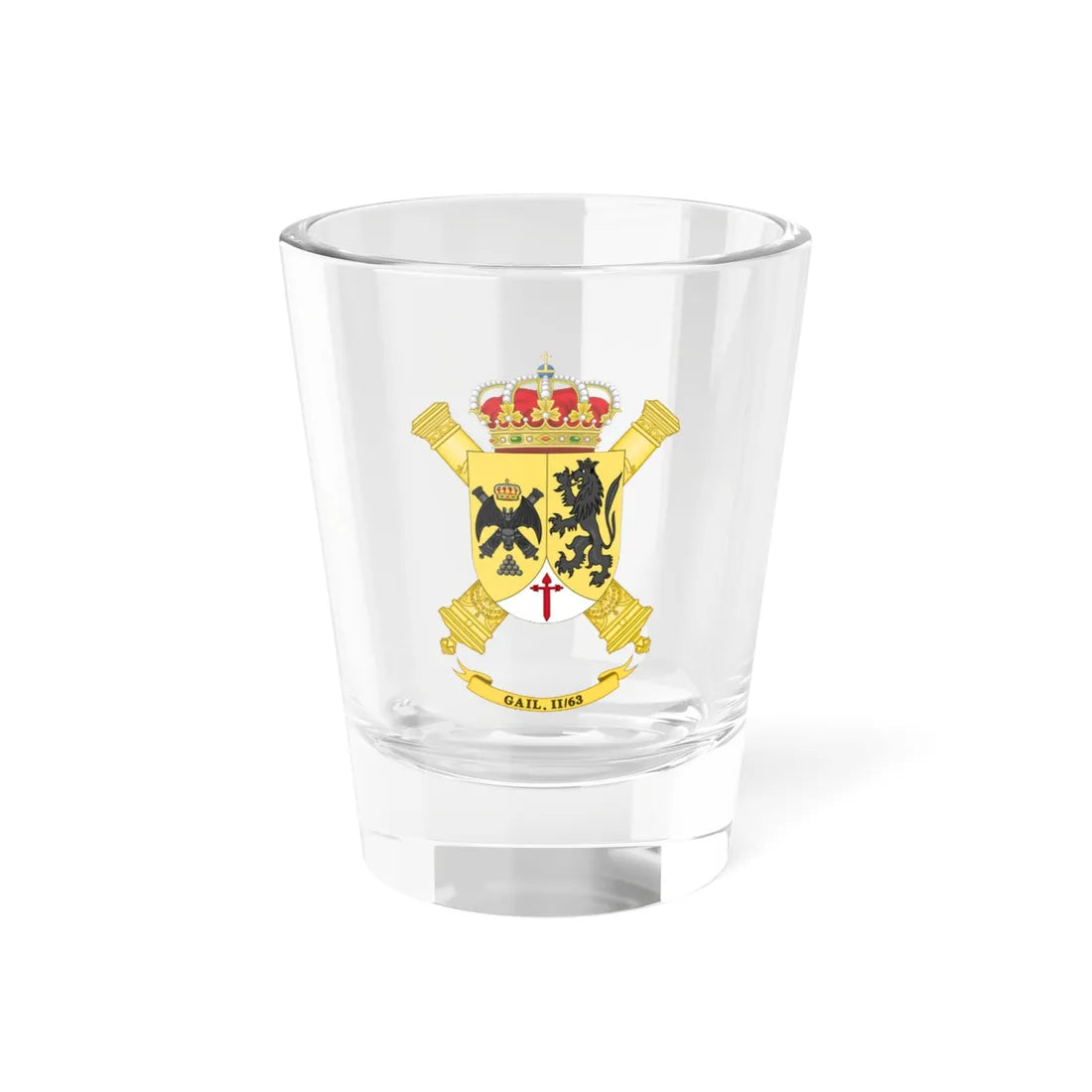 Coat of Arms of the 2nd-63 Information and Location Artillery Battalion (Spain) (Coat of Arms) Shot Glass 1.5oz 1.5oz - Go Mug Yourself