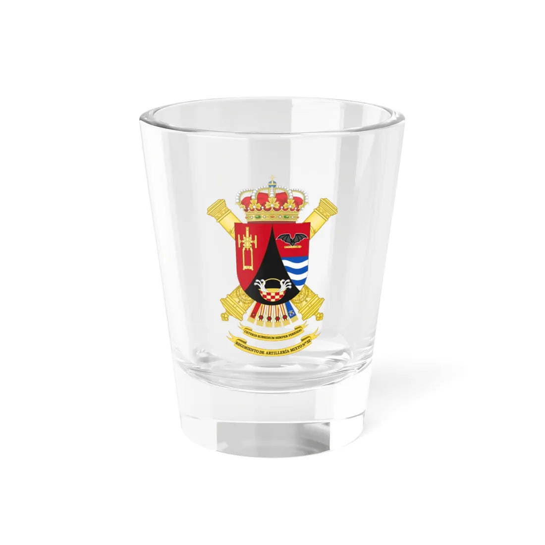 Coat of Arms of the 32nd Mixed Artillery Regiment (Spain) (Coat of Arms) Shot Glass 1.5oz 1.5oz - Go Mug Yourself