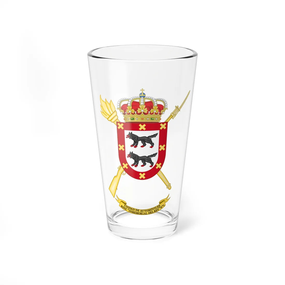 Coat of Arms of the Automobile Unit of the 1st Kings Immemorial Infantry Regiment (Spain) (Coat of Arms) Pint Glass 16oz 16oz - Go Mug Yourself