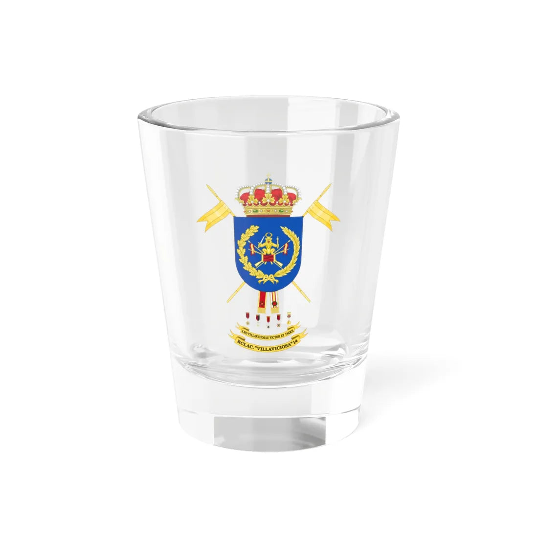 Coat of Arms of the Former 14th Cavalry Regiment Villaviciosa (Spain) (Coat of Arms) Shot Glass 1.5oz 1.5oz - Go Mug Yourself