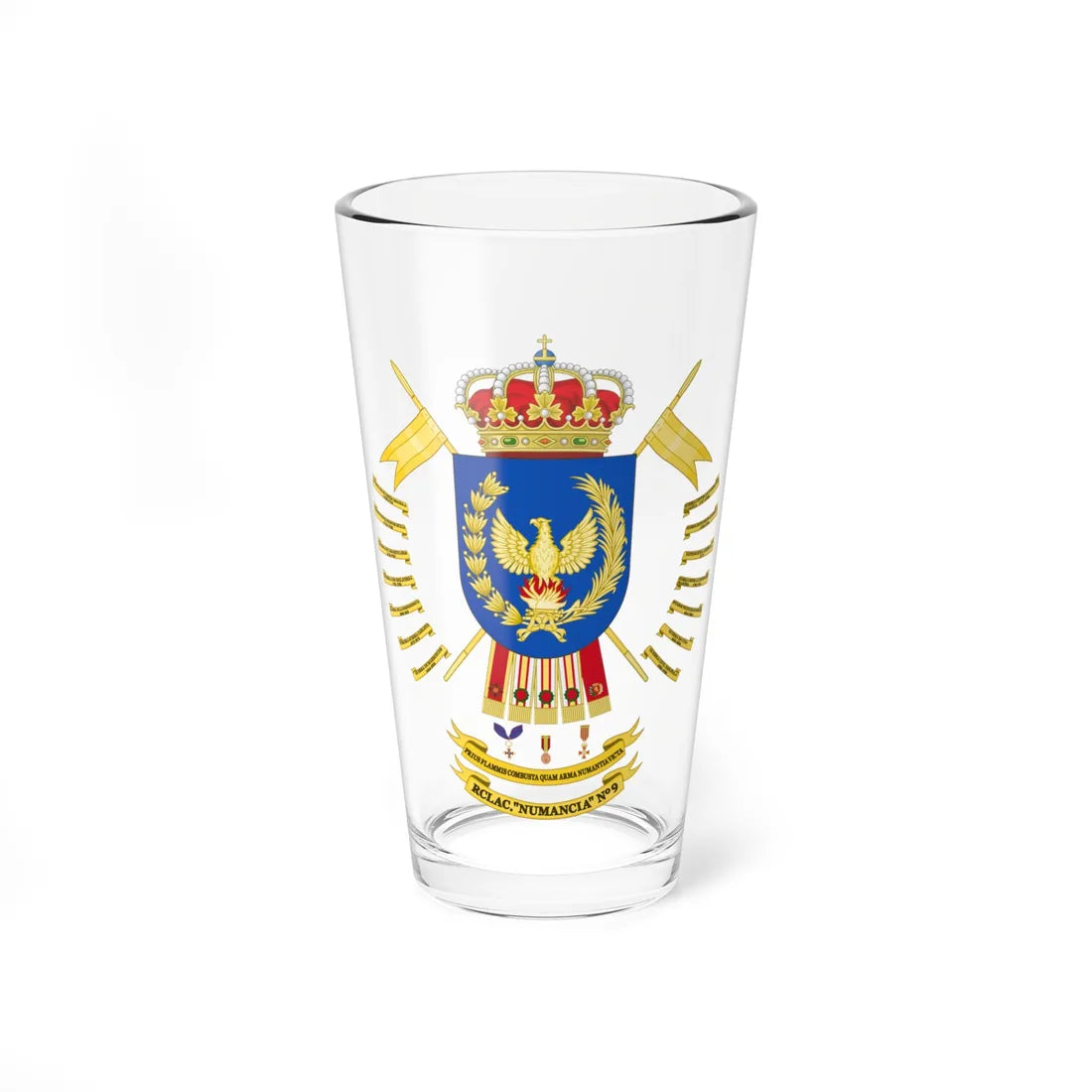 Coat of Arms of the Former 9th Light Armored Cavalry Regiment Numancia (Spain) (Coat of Arms) Pint Glass 16oz 16oz - Go Mug Yourself