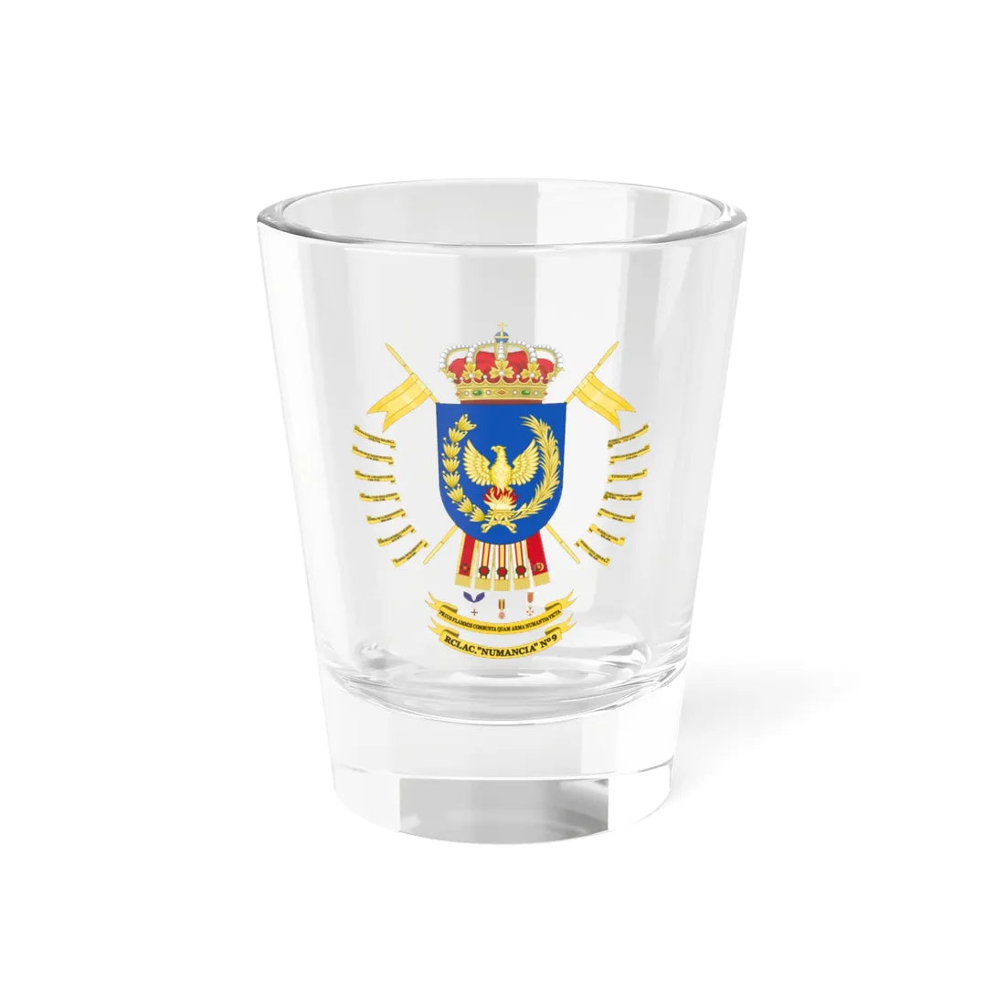 Coat of Arms of the Former 9th Light Armored Cavalry Regiment Numancia (Spain) (Coat of Arms) Shot Glass 1.5oz 1.5oz - Go Mug Yourself