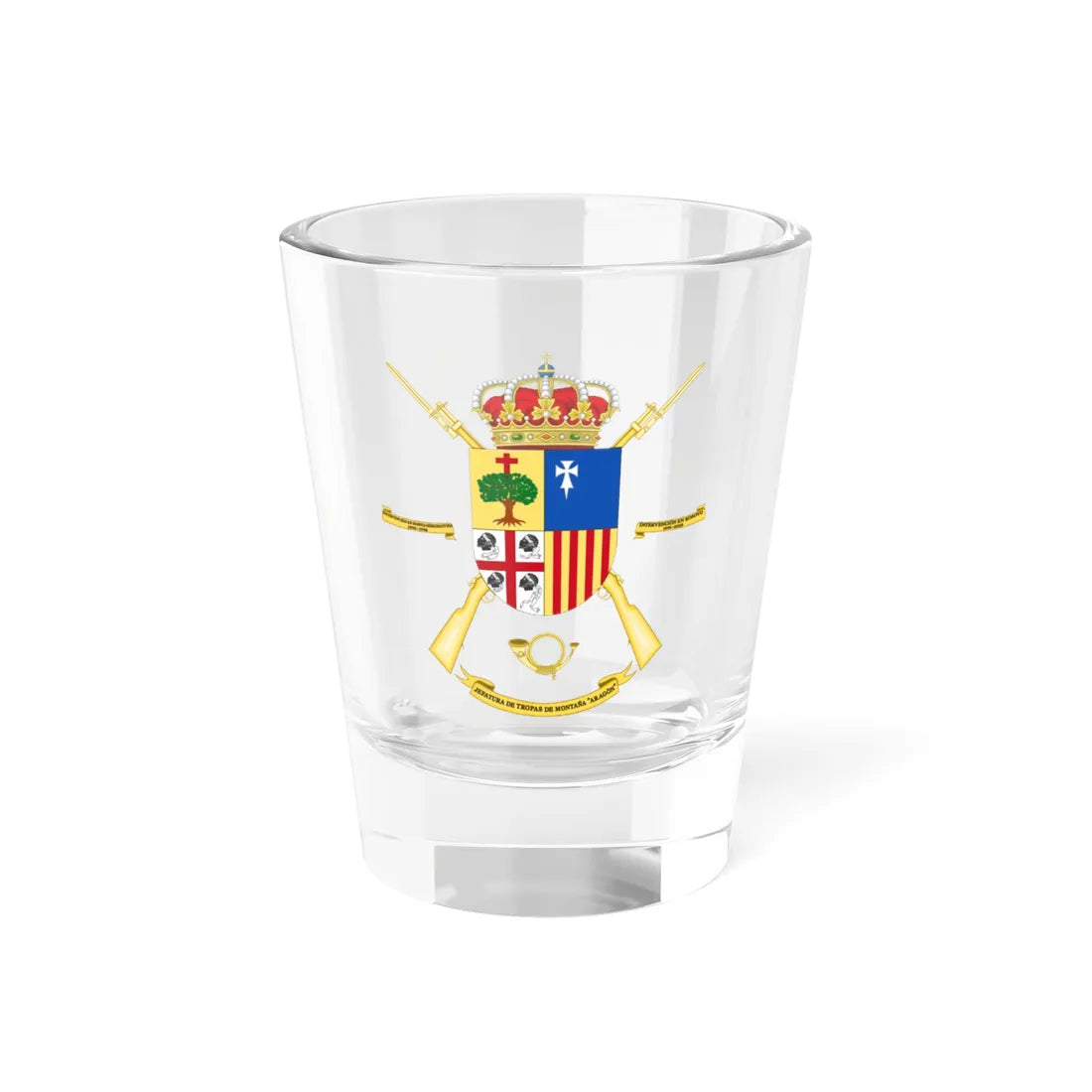 Coat of Arms of the Mountain Troops Command Aragón (Spain) (Coat of Arms) Shot Glass 1.5oz 1.5oz - Go Mug Yourself