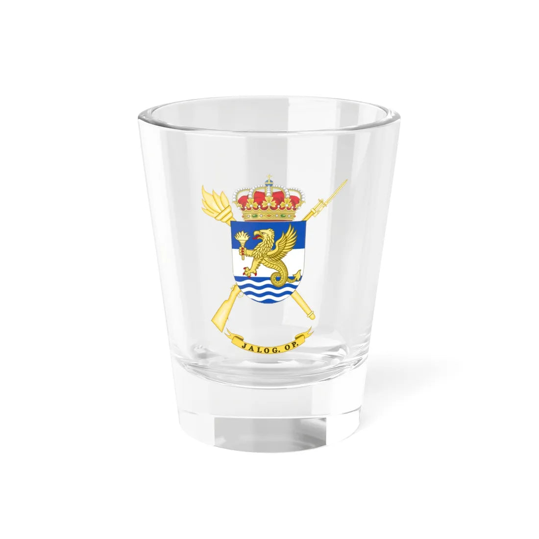 Coat of Arms of the Spanish Army Logistic Support Command for Operations (Spain) (Coat of Arms) Shot Glass 1.5oz 1.5oz - Go Mug Yourself