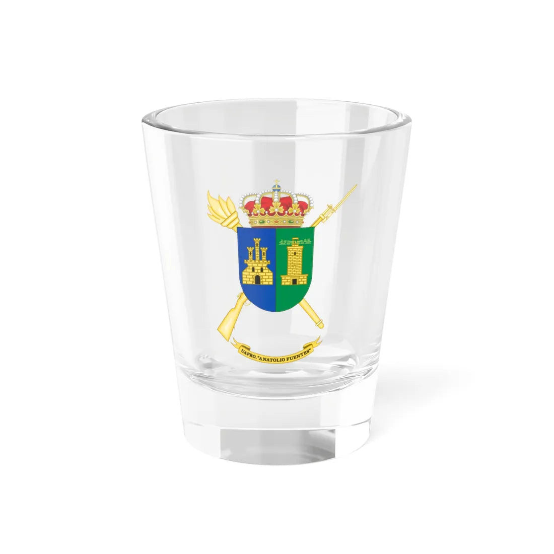 Coat of Arms of the Spanish Army Projection Support Unit Anatolio Fuentes (Spain) (Coat of Arms) Shot Glass 1.5oz 1.5oz - Go Mug Yourself
