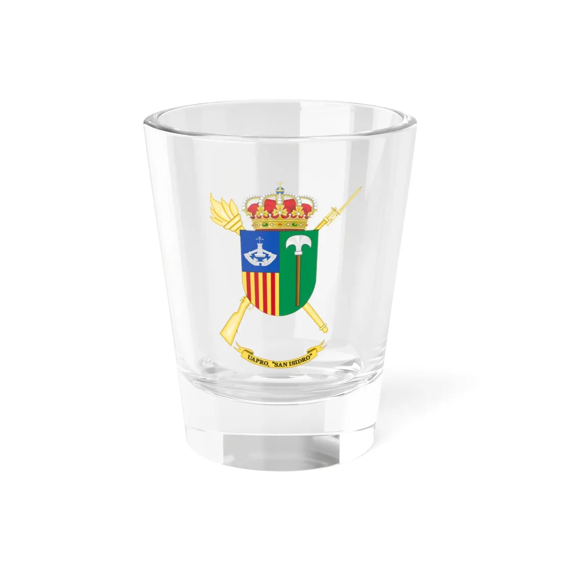 Coat of Arms of the Spanish Army Projection Support Unit San Isidro (Spain) (Coat of Arms) Shot Glass 1.5oz 1.5oz - Go Mug Yourself